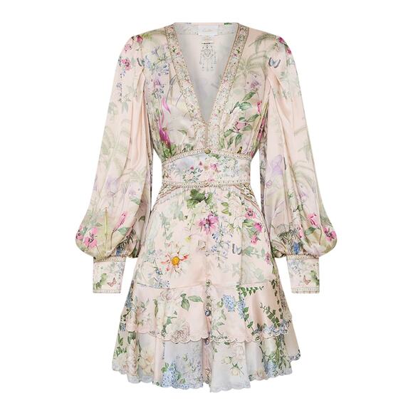 Camilla 'Palacio' Pink Silk Playground Button-Front Frill Shirtdress Size OS - Picture 1 of 5